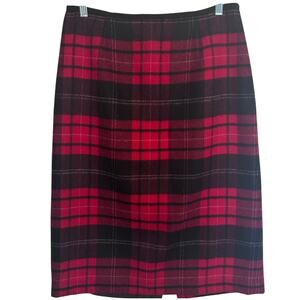 Talbots Vintage Plaid Midi Skirt Womens Size 10 Red Black Wool Blend Tartan M